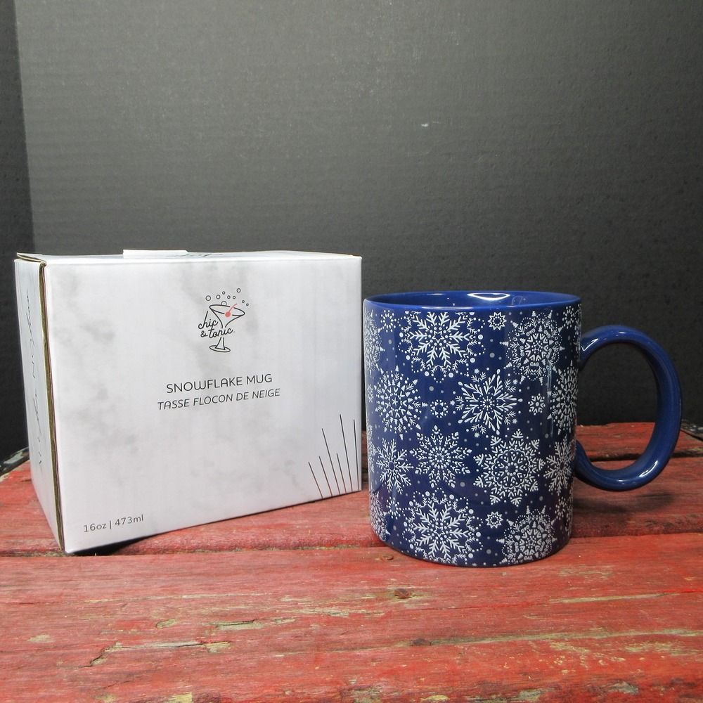 Chic & Tonic Snowflake Mug 16oz Blue White Ceramic Winter Holiday Coffee Tea Cup